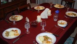 a table spread with plates and food